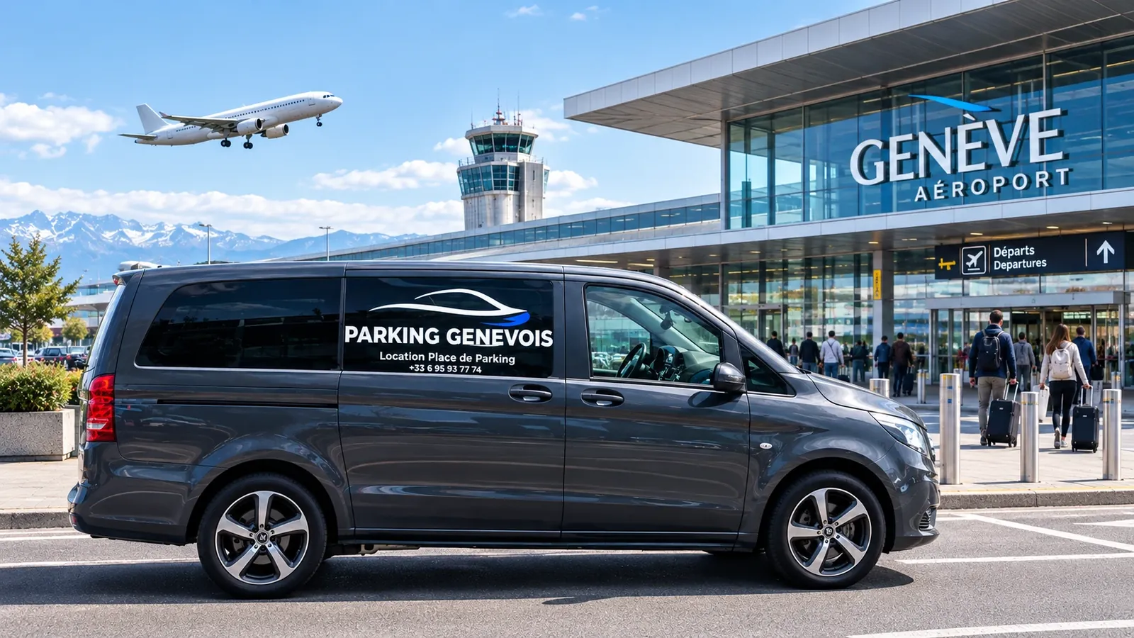 La navette grise Parking Genevois devant l'aéroport de Genève, un avion au décollage