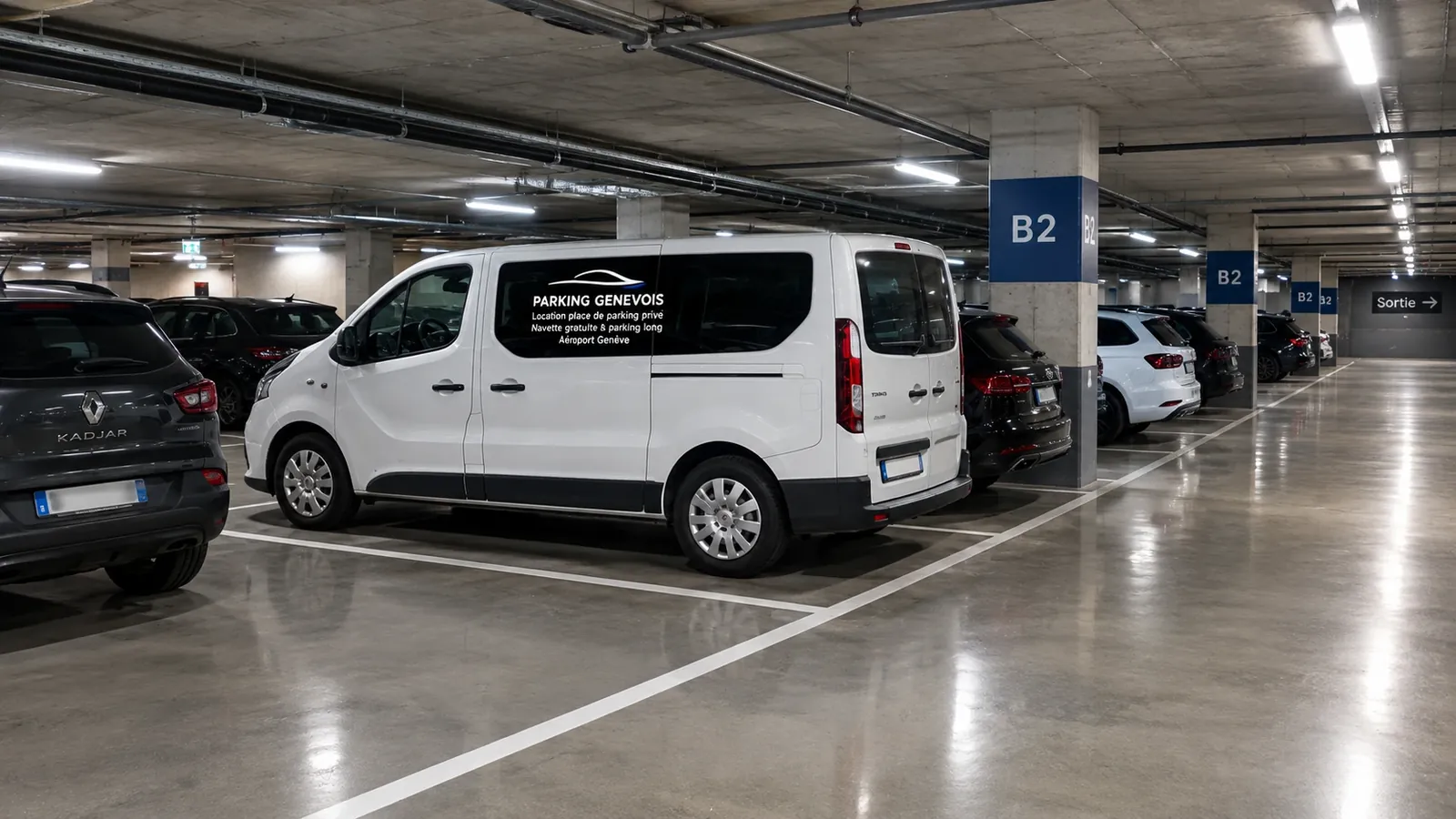La navette blanche Parking Genevois garée dans le parking couvert