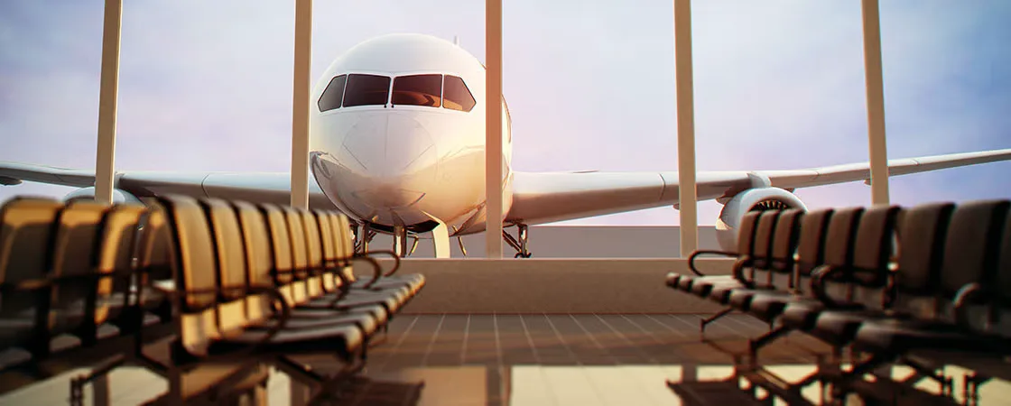 Salle d'embarquement lumineuse, un avion derrière la baie vitrée